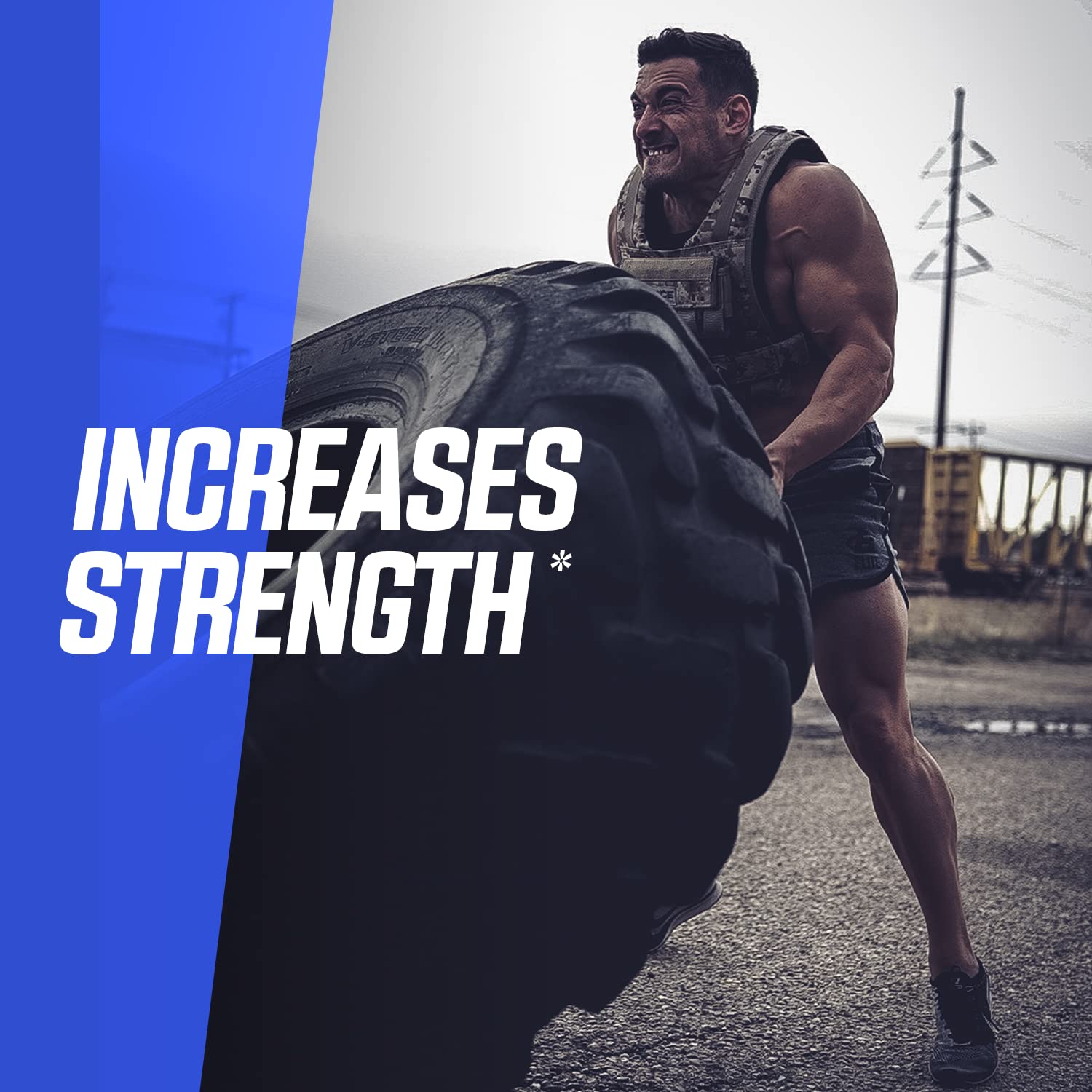 Athlete flipping a tyre. Caption: increases strength.