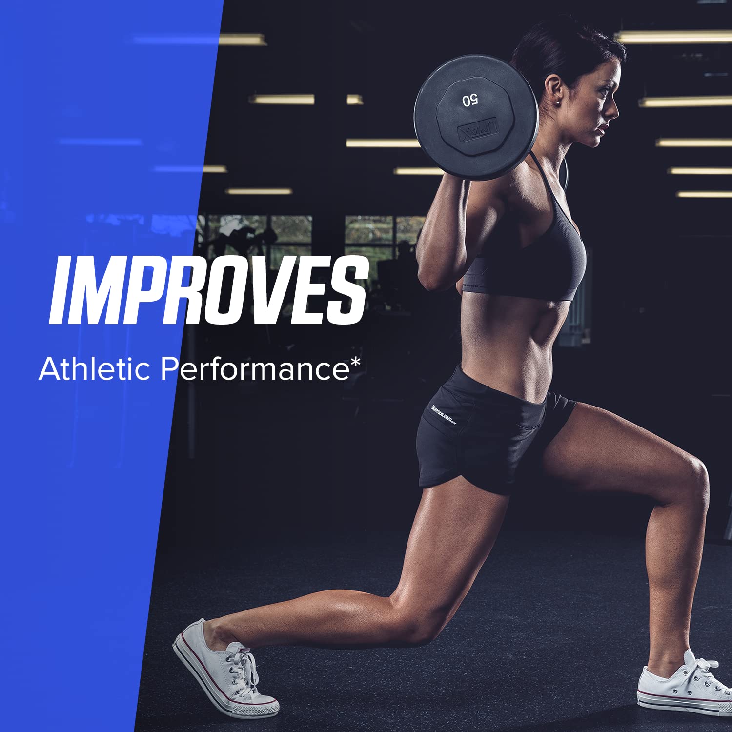 Athlete performing weighted lunges. Caption: improves athletic performance.