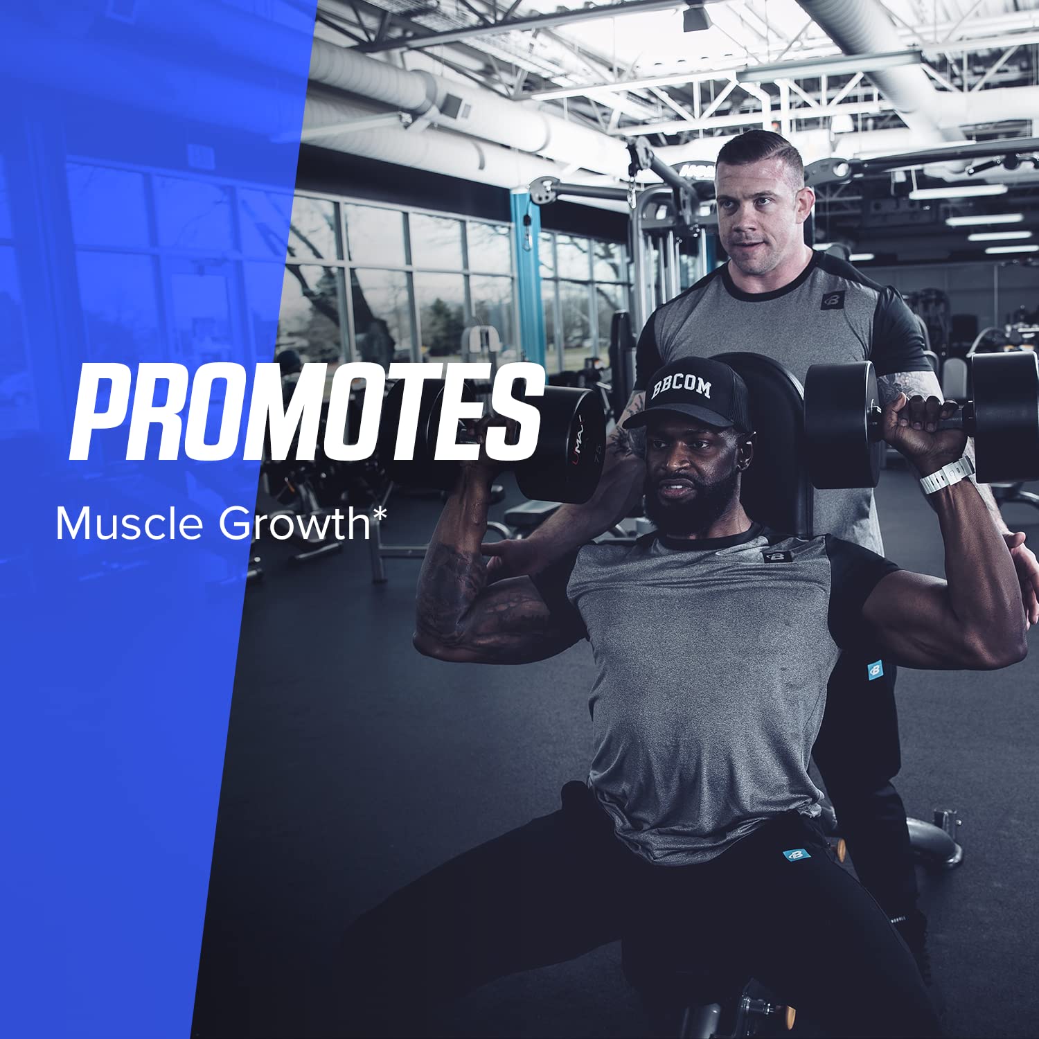 Two lifters doing dumbbell shoulder presses. Caption: promotes muscle growth.